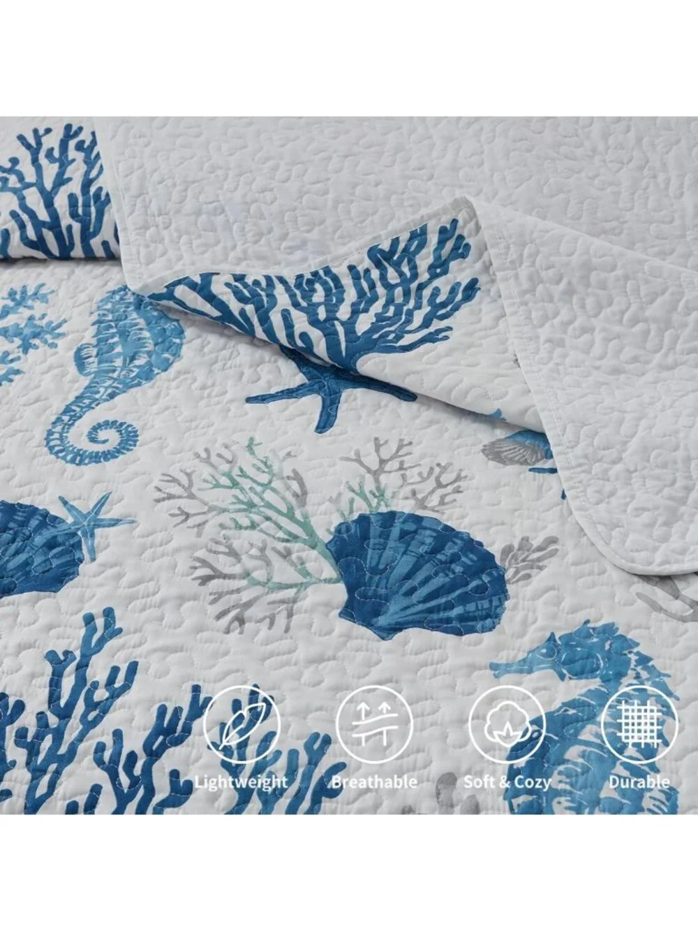 Coastal King Quilt Set - Lightweight Reversible Bedspread, Sea Blue, 2 Shams